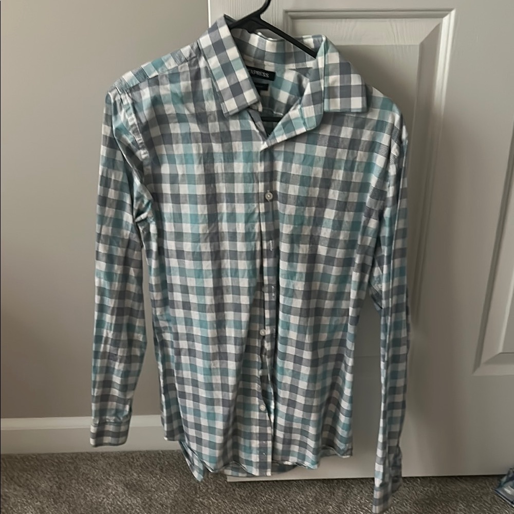 Men's Express Greenish Blur and Gray Checkered Shirt Medium